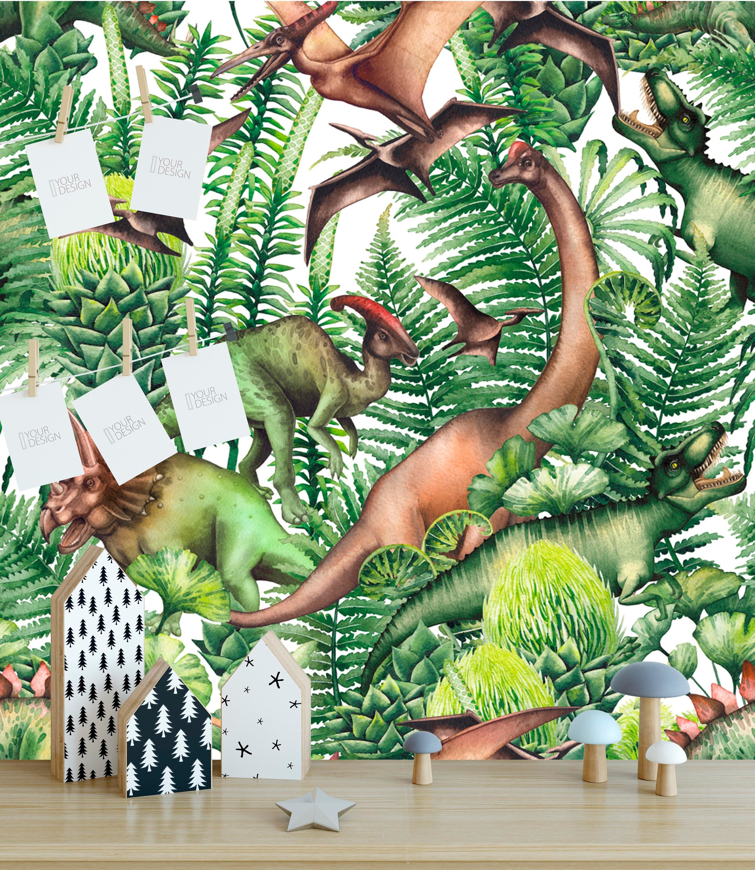 Animals of Jurassic Dinosaurs Green Plants Wallpaper Wall Art