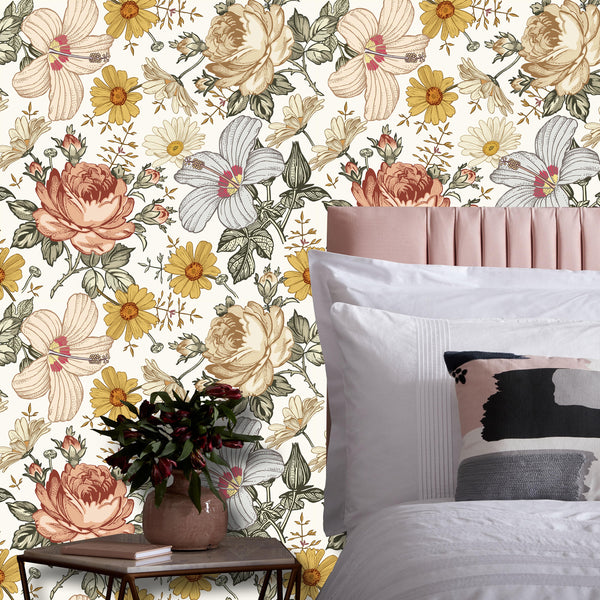 Tapestry Chamomile Rose Hibiscus Mallow Flowers Wallpaper