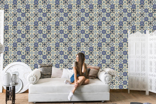 Fas Motif Blue Beige Square Design Wallpaper Wall Art