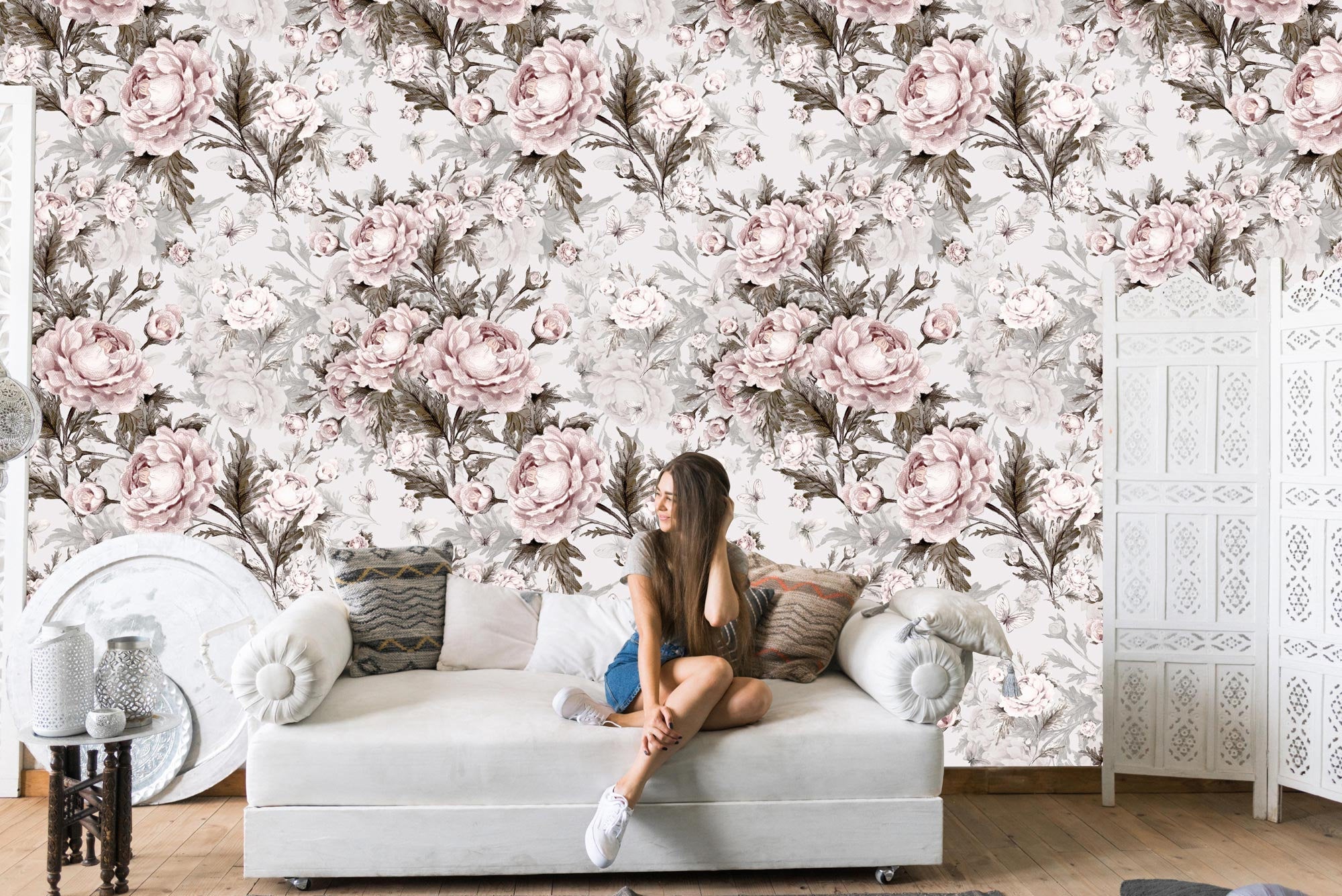 Minimalist White Butterflies And Roses Floral Wallpaper