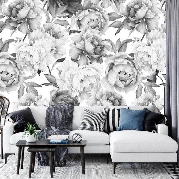 Black And White Peonies Flowers Floral Wallpaper Mural Art