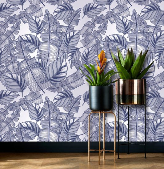 Abstract Tropical Leaves Blue Gray Floral Exotic Wallpaper