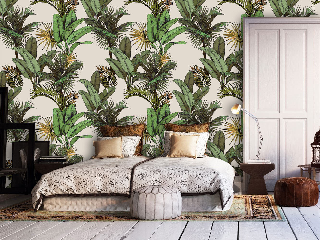 Tropical Banana And Palm Tree Leaves Floral Exotic Wallpaper