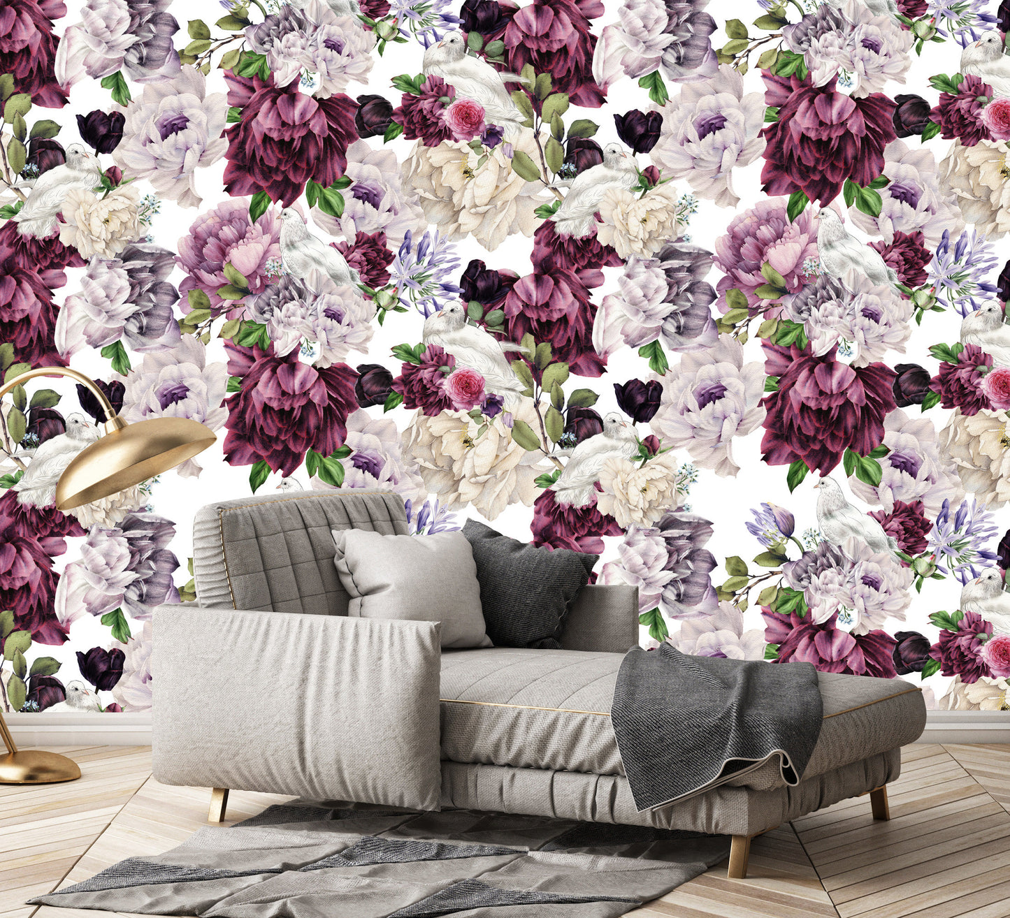 White Piegon And Colorful Flowers Floral Wallpaper Mural Art