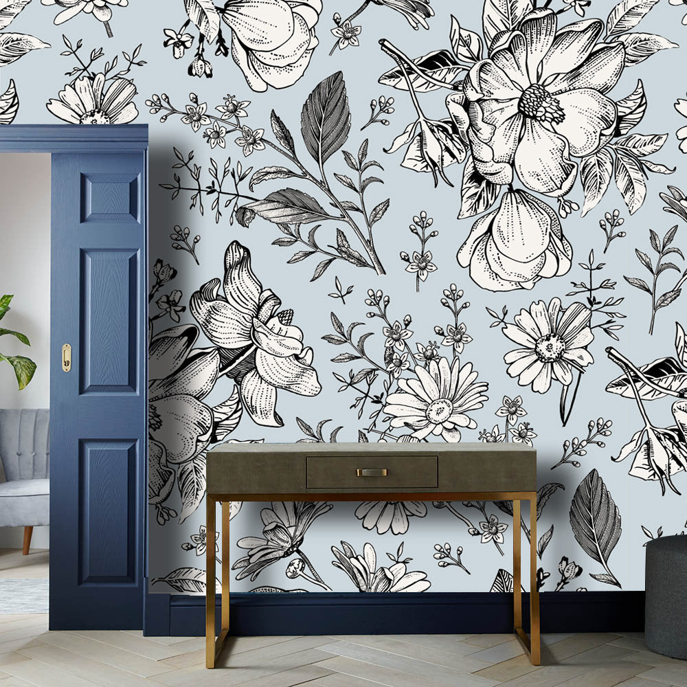 Light Blue On Background White Flowers Floral Wallpaper