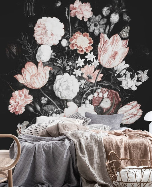 Vintage Light Color Bucket Flowers Floral Wallpaper