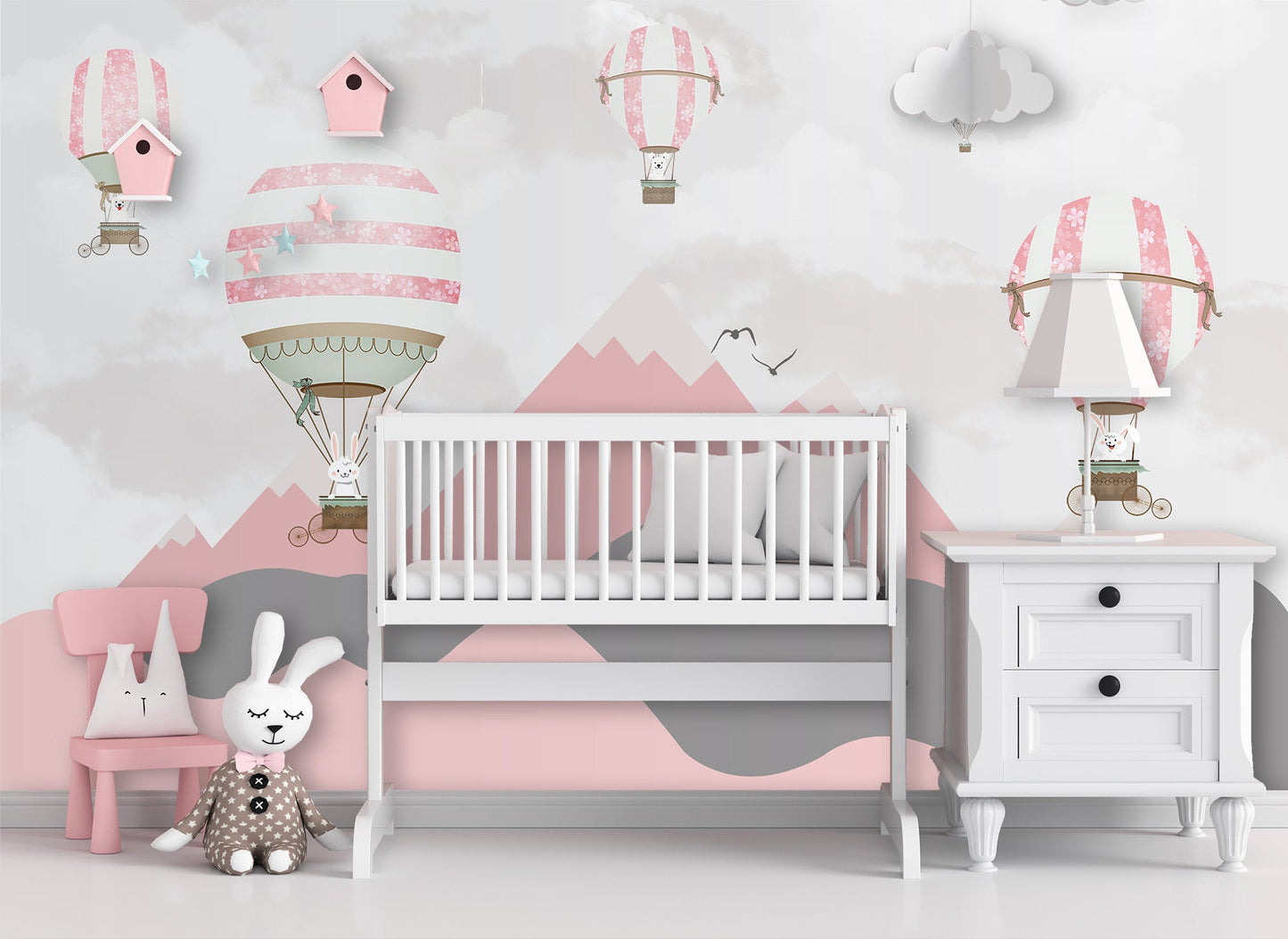 Hot Air Balloons Rabbit Dog Pink Gray Mountain Animal Wallpaper