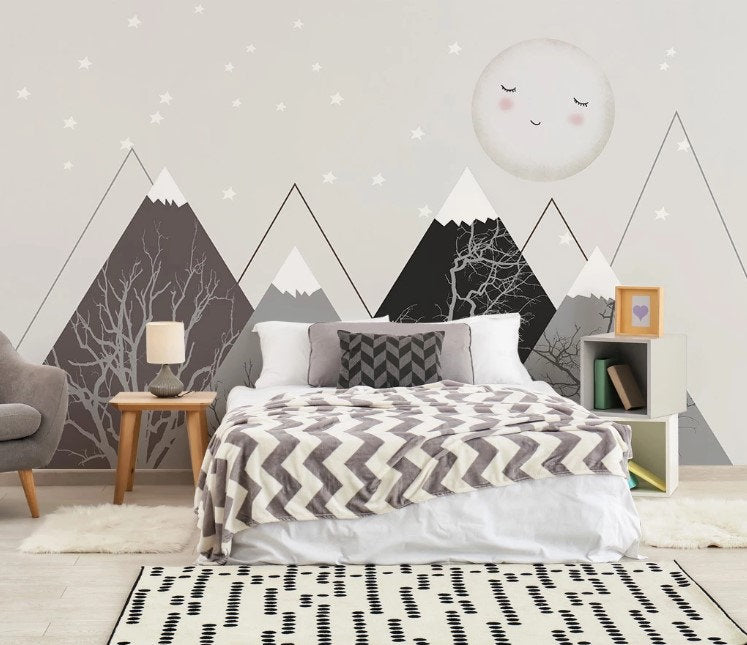 Triangle Mountains Sleeping Moon Fullmoon Trees Stars Wallpaper