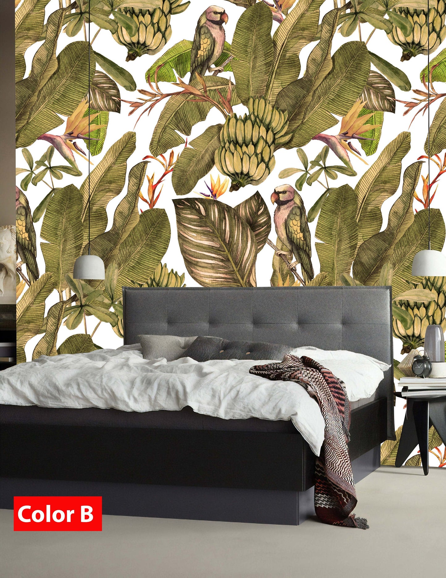 Tropical Plant Leaves Bird Flower Exotic Floral Wallpaper