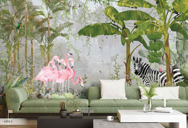 Flamingos Zebra Animals Tropical Plants Leaves Floral Wallpaper