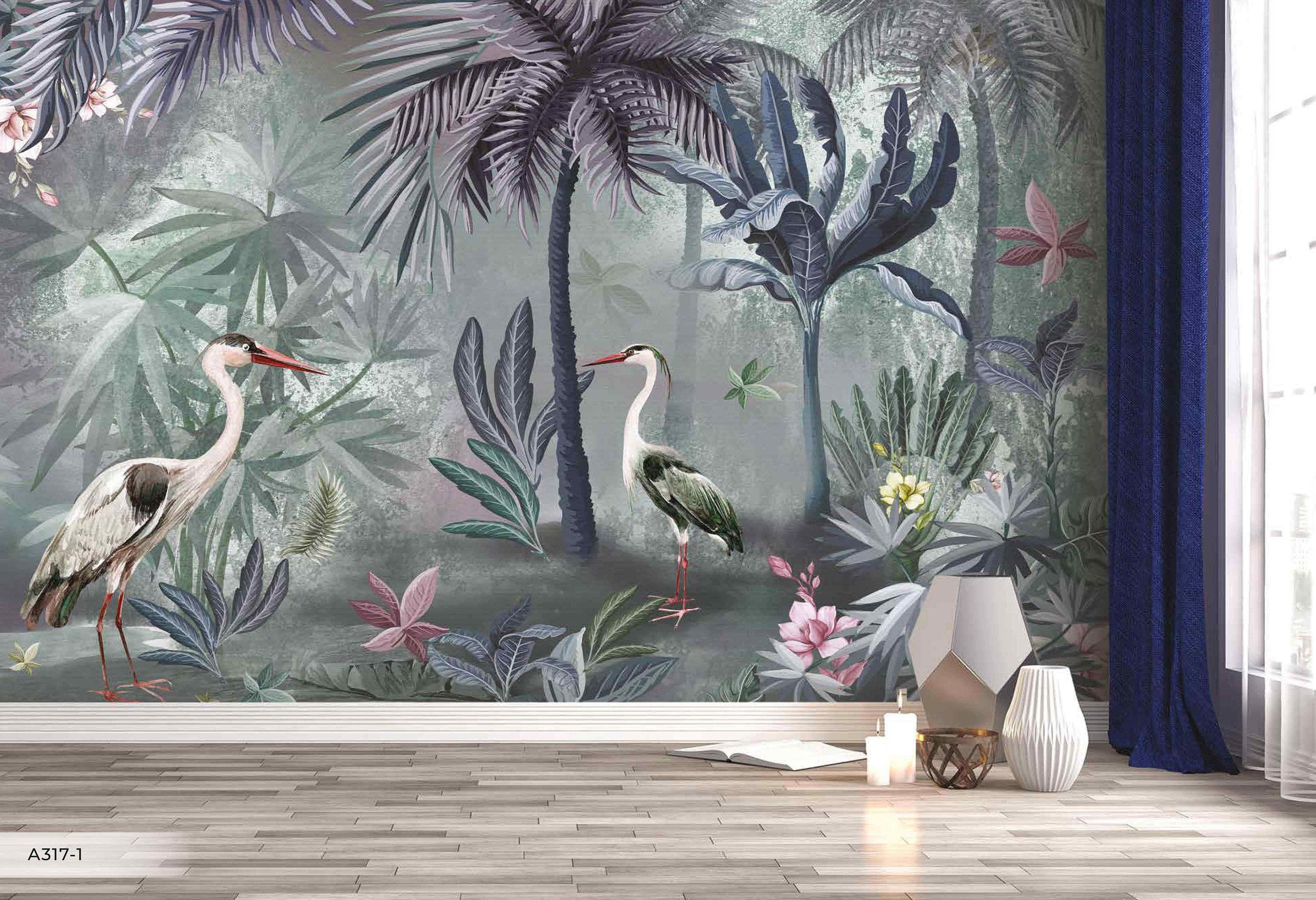 Long Beak Birds in The Tropical Jungle Leaves Floral Wallpaper