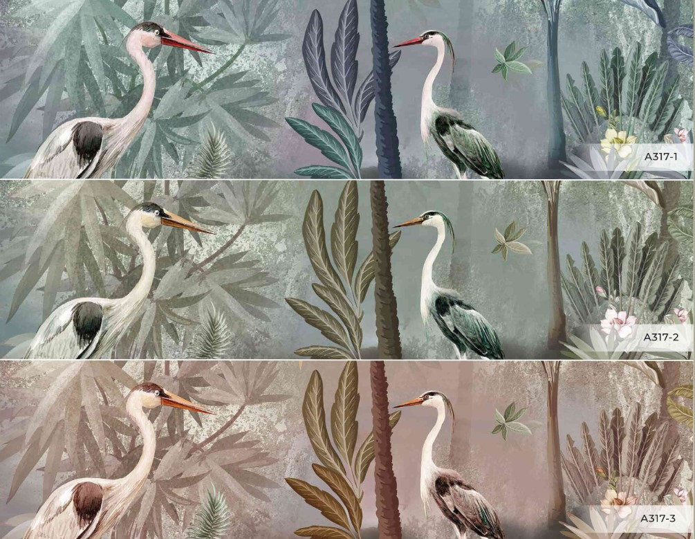 Long Beak Birds in The Tropical Jungle Leaves Floral Wallpaper