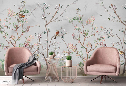 Pink White Flowers Birds Floral Wallpaper Wall Decor Mural Art