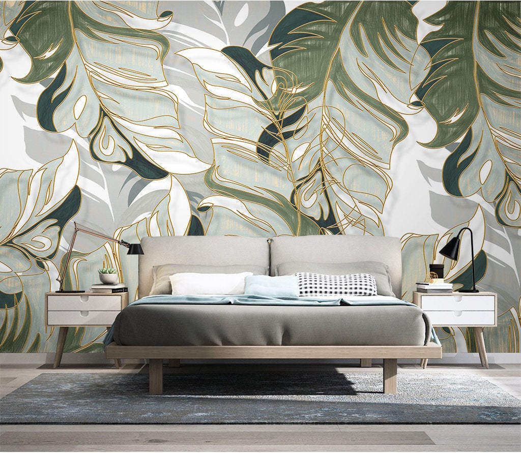 Light Green Watercolor Exotic Leaves Wallpaper Wall Art
