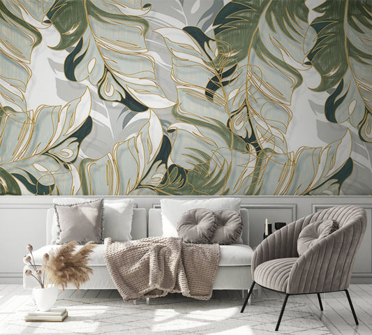 Light Green Watercolor Exotic Leaves Wallpaper Wall Art