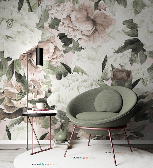 Oil Painting Floral White and Dark Pink Flower Wallpaper