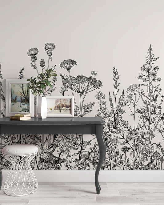 Black And White Hand Draw Garden Plants Flowers Floral Wallpaper