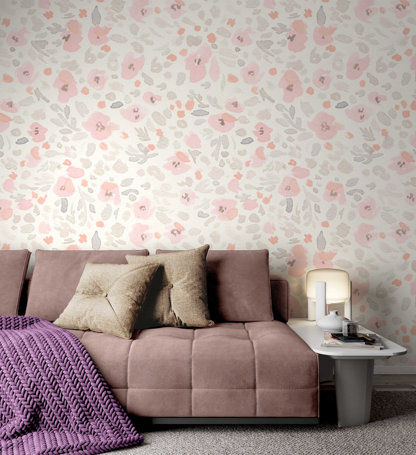 Pale Flowers On The Beige Background Modern Floral Wallpaper