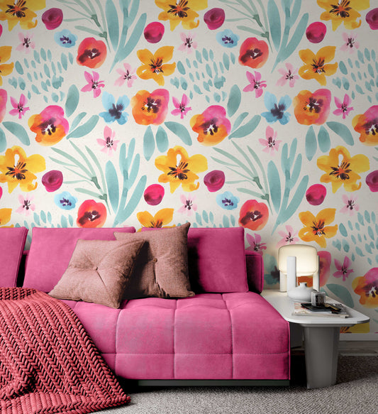 Watercolor Colorful Modern Design Flowers Floral Wallpaper