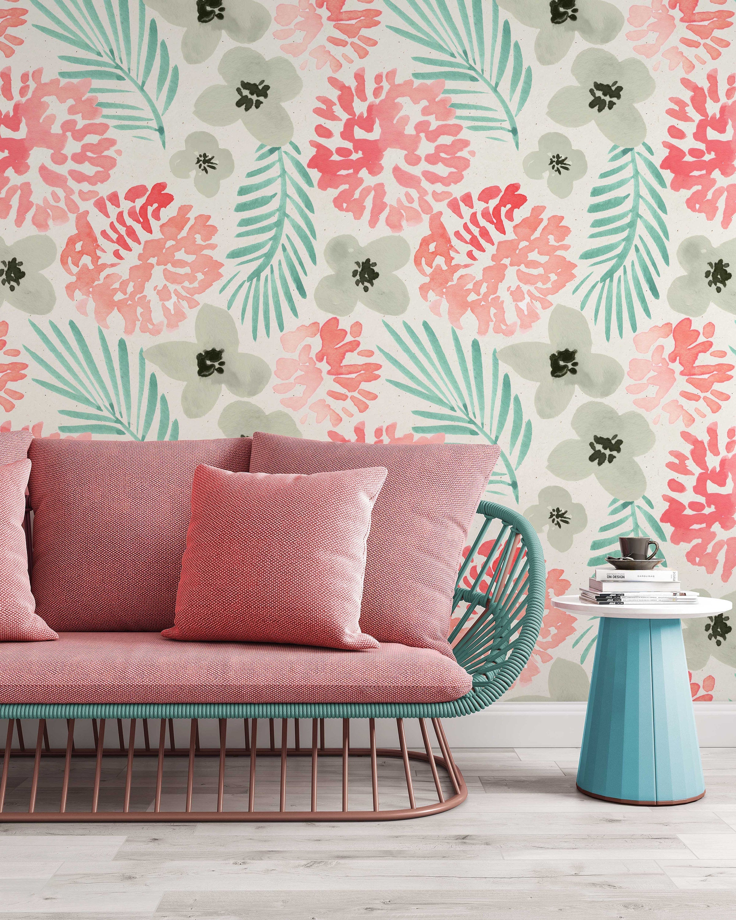 Pink Green Gray Watercolor Flowers Background Floral Wallpaper
