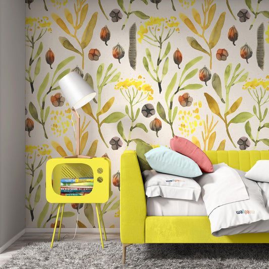 Watercolor Yellow Green Modern Design Flowers Floral Wallpaper