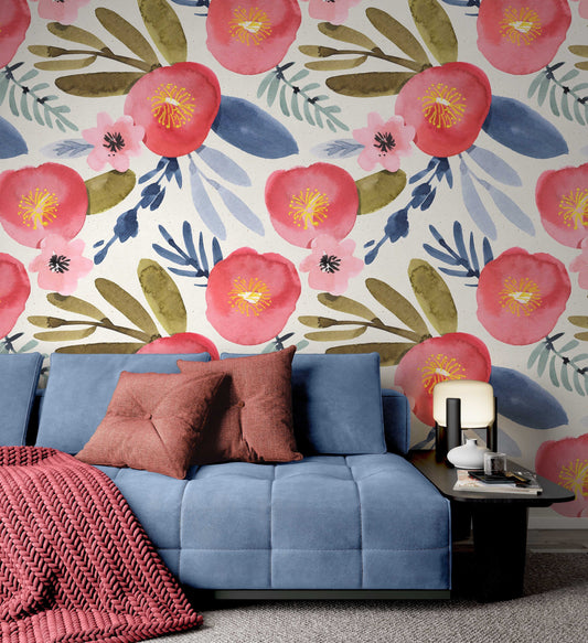 Watercolor Flowers Modern Design Floral Wallpaper Removable