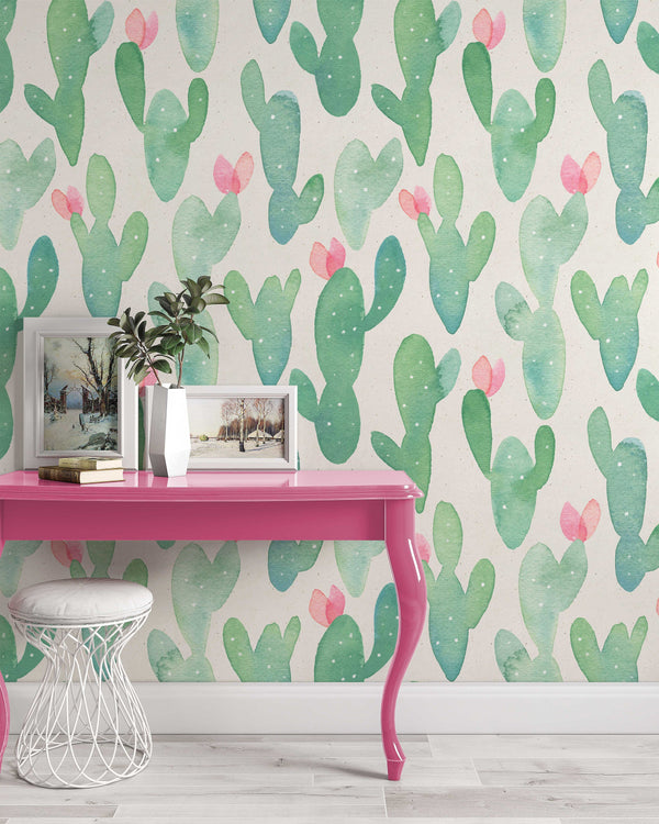 Watercolor Pink Floral Cactuses Modern Design Plant Wallpaper