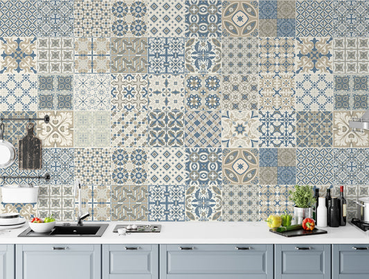 Arabic And Moroccan Style Blue Biege Square Modern Wallpaper