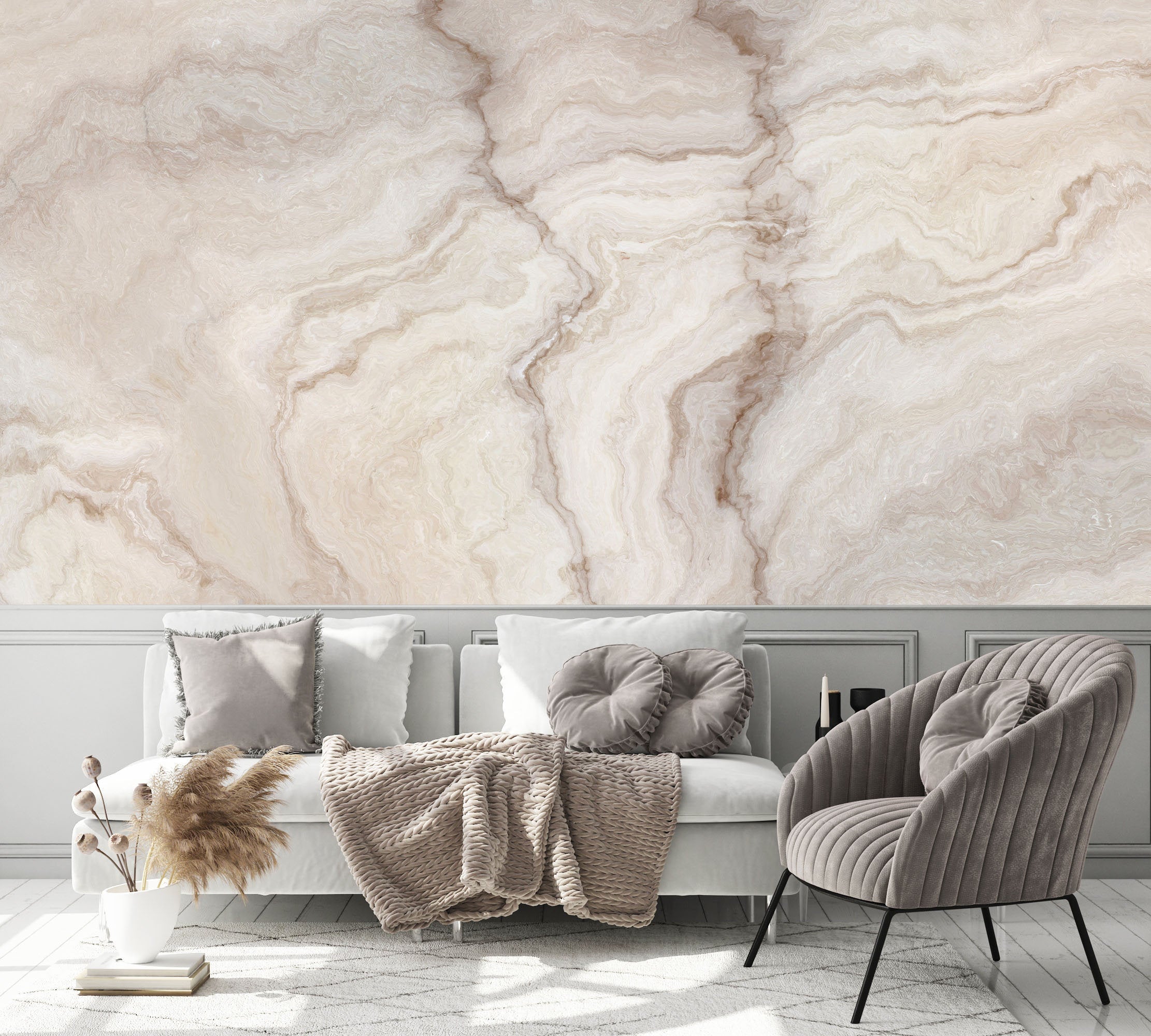 Beige Marble Pattern With Curly White And Orange Veins Wallpaper