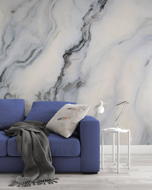 White Marble Pattern With Curly Blue Black Veins Wallpaper