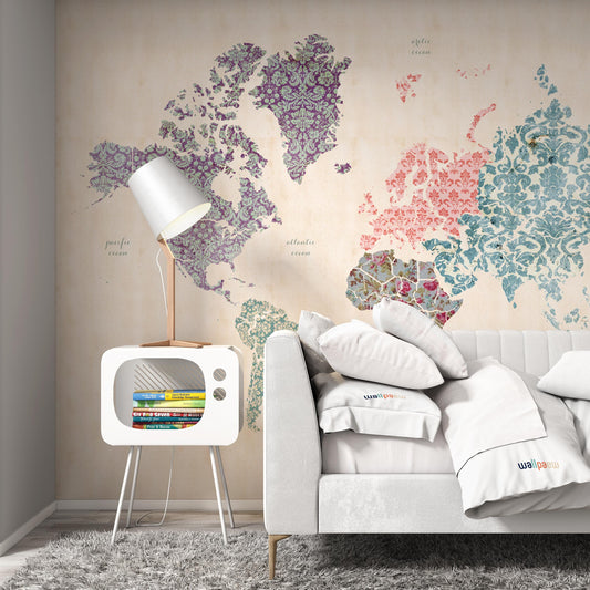 Floral Pattern World Map On The Beige Background Wallpaper