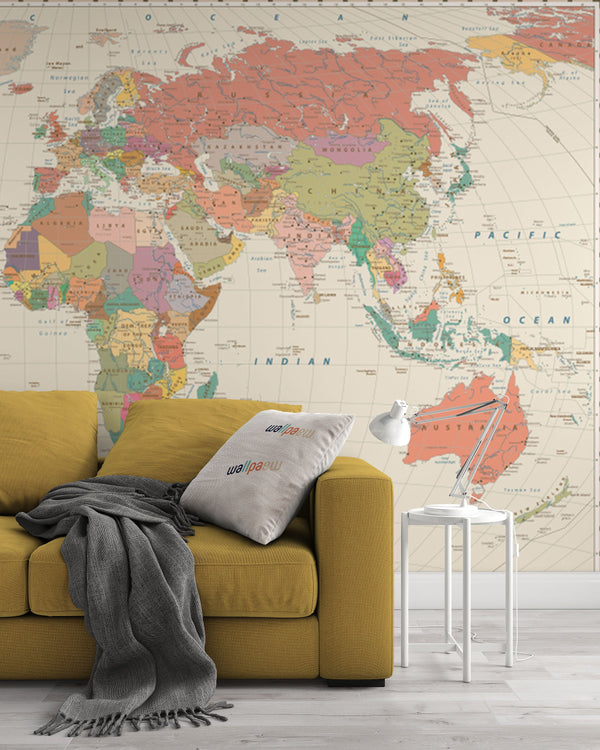 Colorful Continents Meridian World Map Wallpaper Wall Art