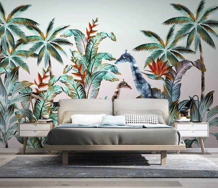 Watercolor Giraffes Tropical Plants Floral Animal Wallpaper