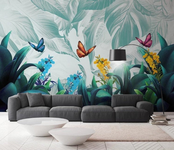 Colorful Butterflies Flowers Tropical Plants Leaves Wallpaper