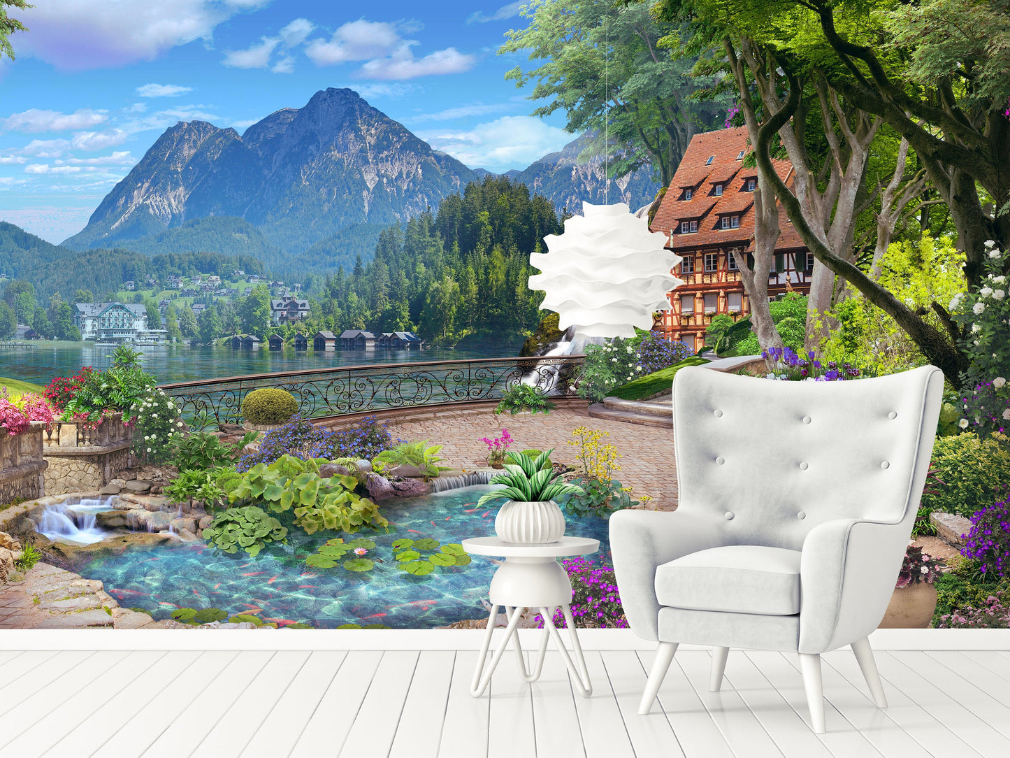 The Lake and Mountains From The Blooming Garden Wallpaper