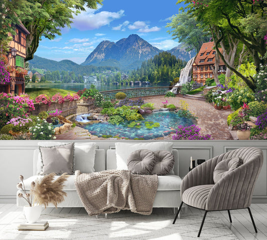 The Lake and Mountains From The Blooming Garden Wallpaper