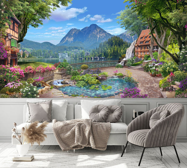 The Lake and Mountains From The Blooming Garden Wallpaper