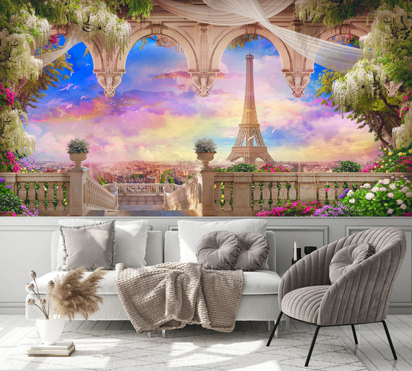 Balcony To The Eiffel Tower And Pink Sunset Flower Wallpaper