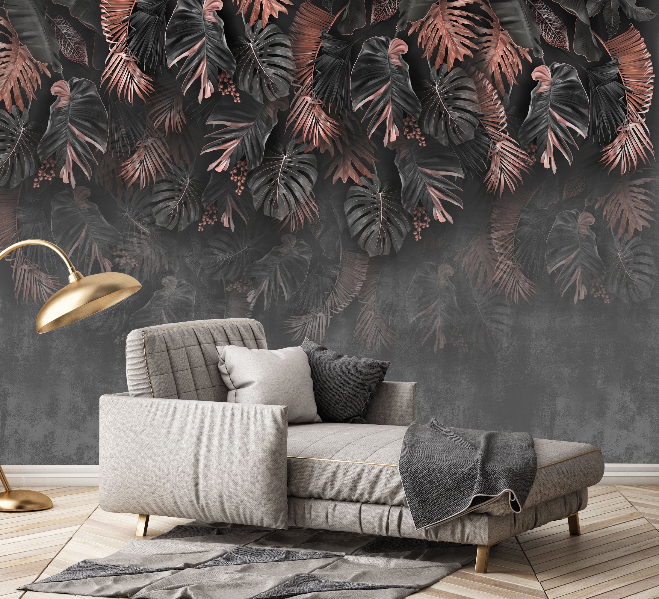 Big Leaves on The Gray Background Wallpaper Mural Home Wall Art