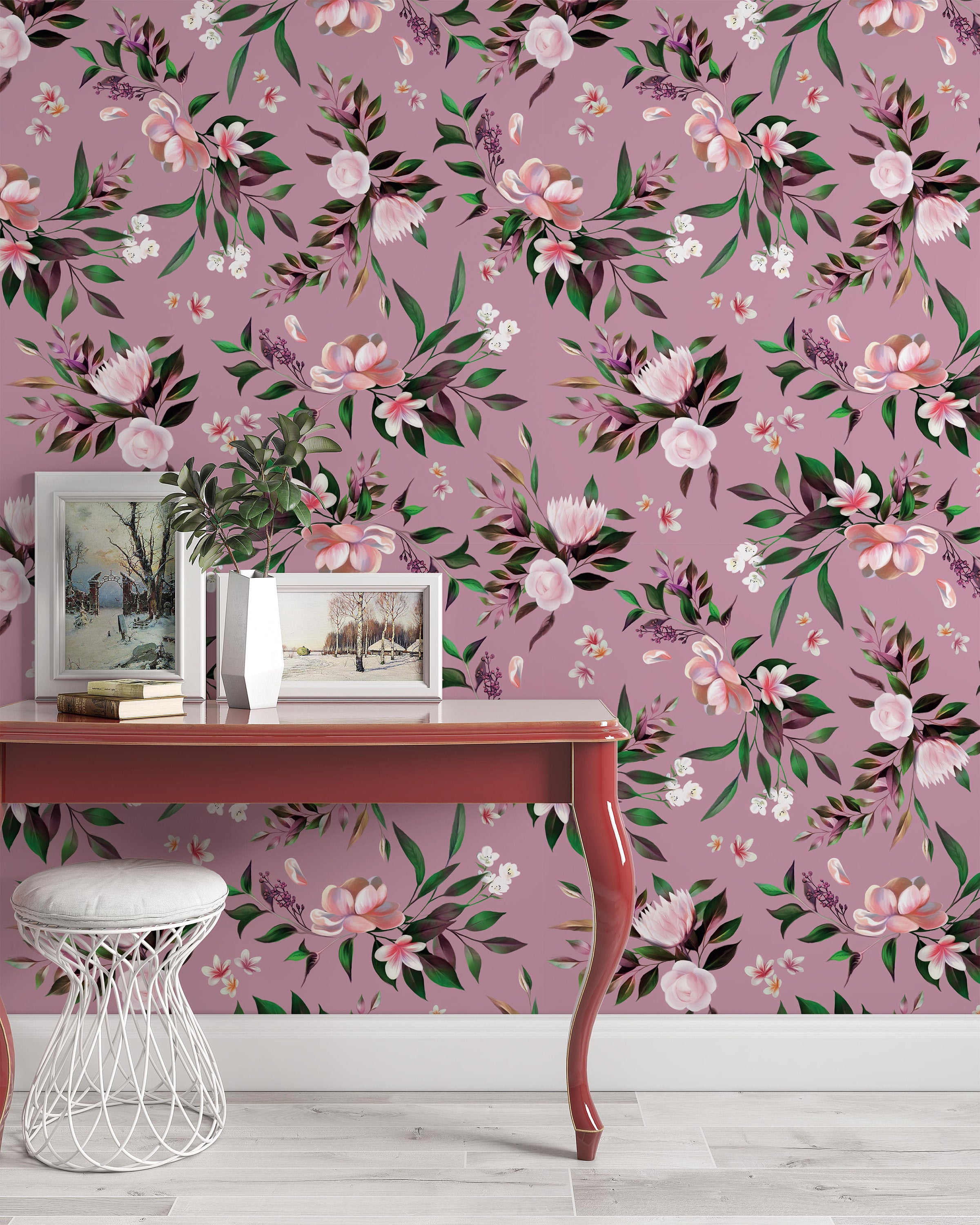 Fresh Floral Pattern with Braided Leaves Flowers Wallpaper