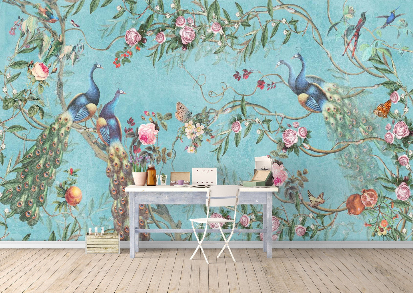 Flowers and Peacock on The Blue Background Floral Wallpaper