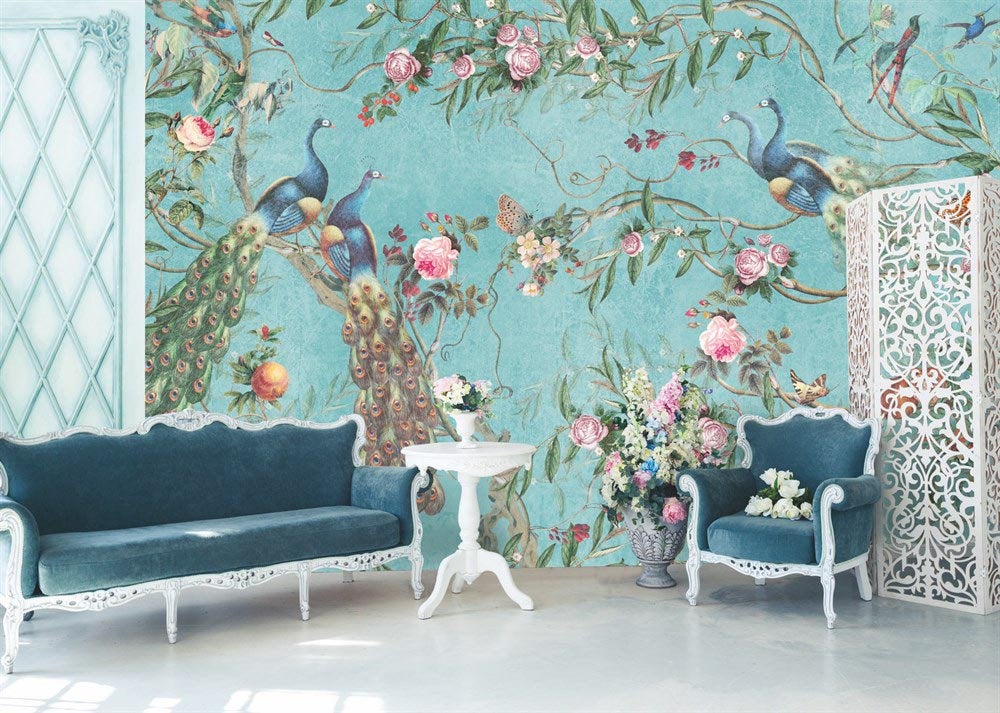 Flowers and Peacock on The Blue Background Floral Wallpaper