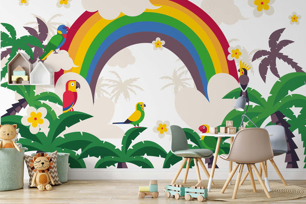 Tropical Paradise Rainbow Palm Parrot Landscape Wallpaper