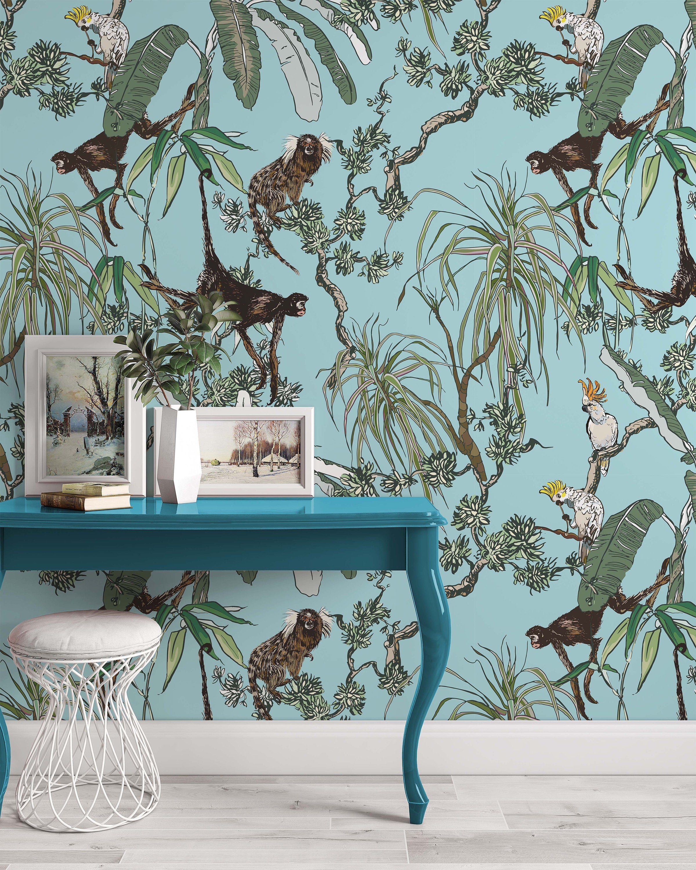 Monkeys and Parrots in Exotic Plants Floral Animal Wallpaper