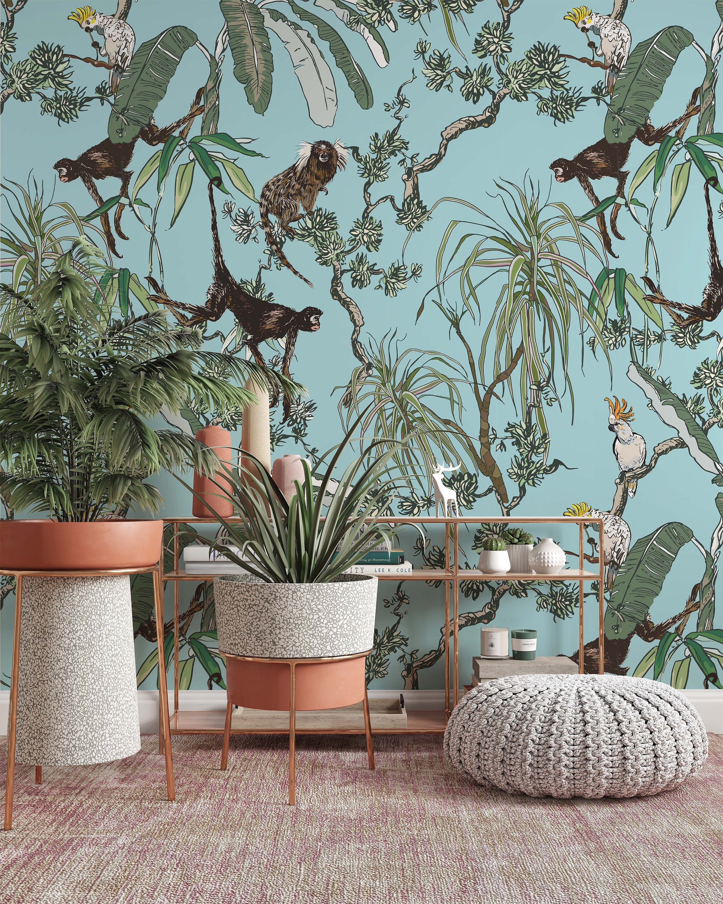 Monkeys and Parrots in Exotic Plants Floral Animal Wallpaper