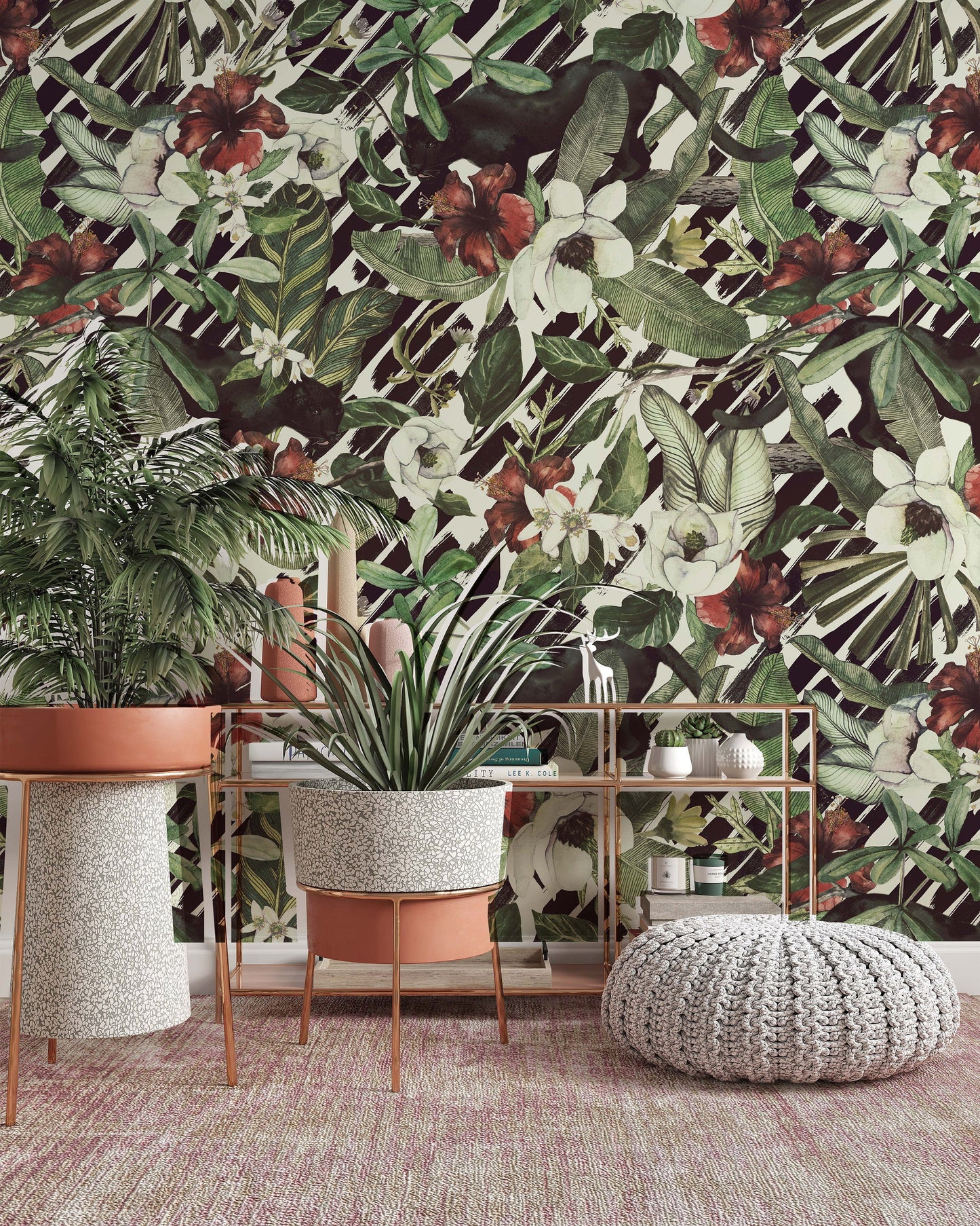 Tropical Flowers Banana Leaves Panther Wildcat Animal Floral Wallpaper Restaurant Living Room Cafe Office Bedroom Mural Home Wall Art