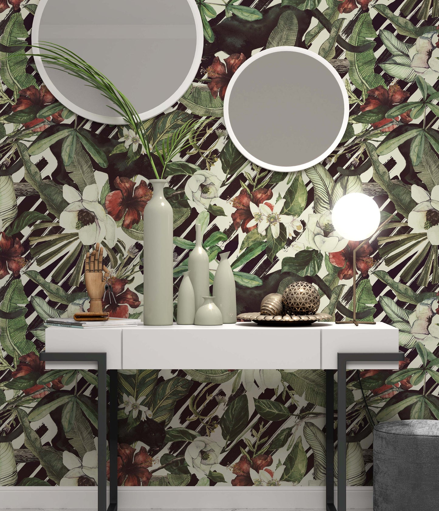 Tropical Flowers Banana Leaves Panther Wildcat Animal Floral Wallpaper Restaurant Living Room Cafe Office Bedroom Mural Home Wall Art