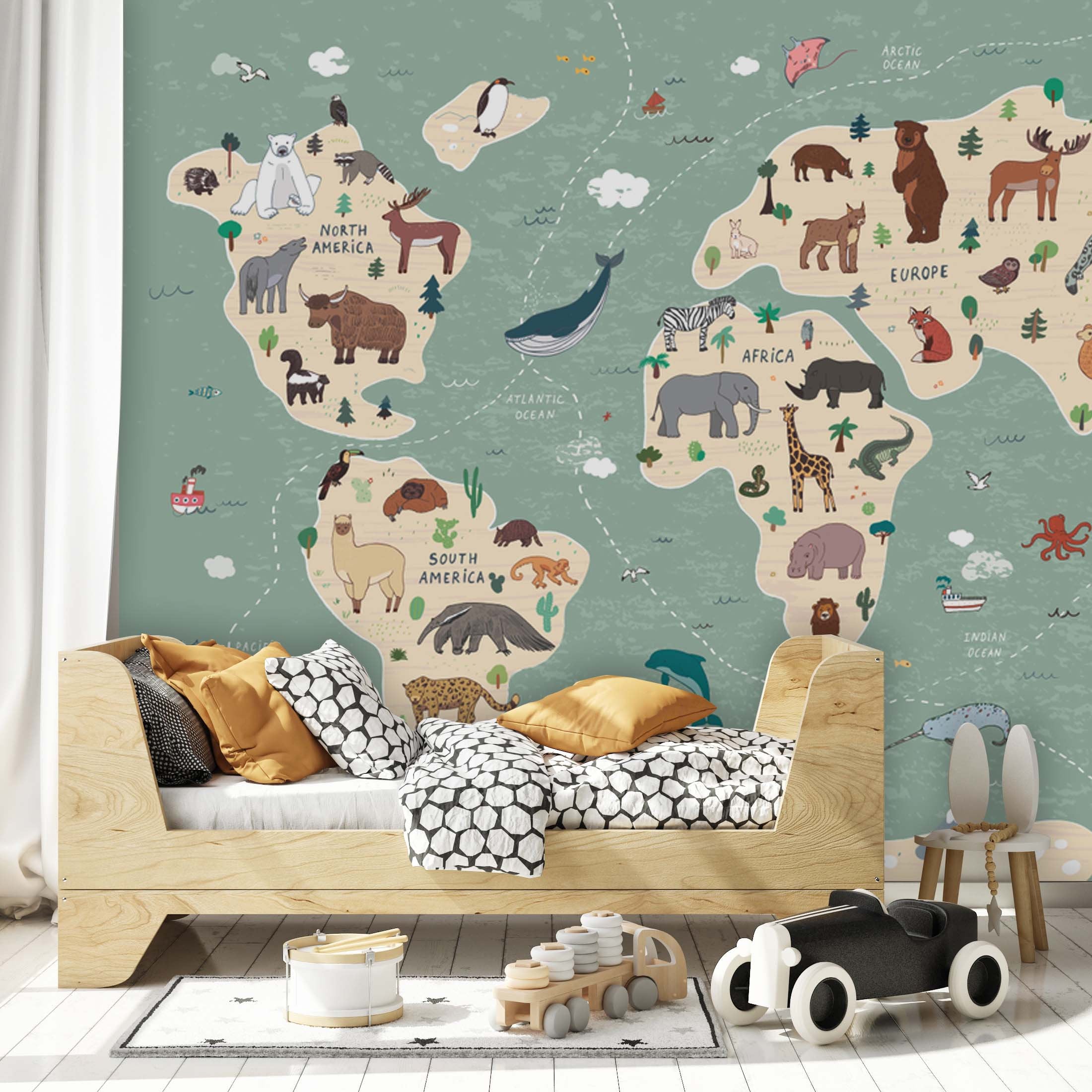 Children World Maps Animals and Plants Background Wallpaper Animal Bedroom Children Kids Room Mural Home Decor Wall Art