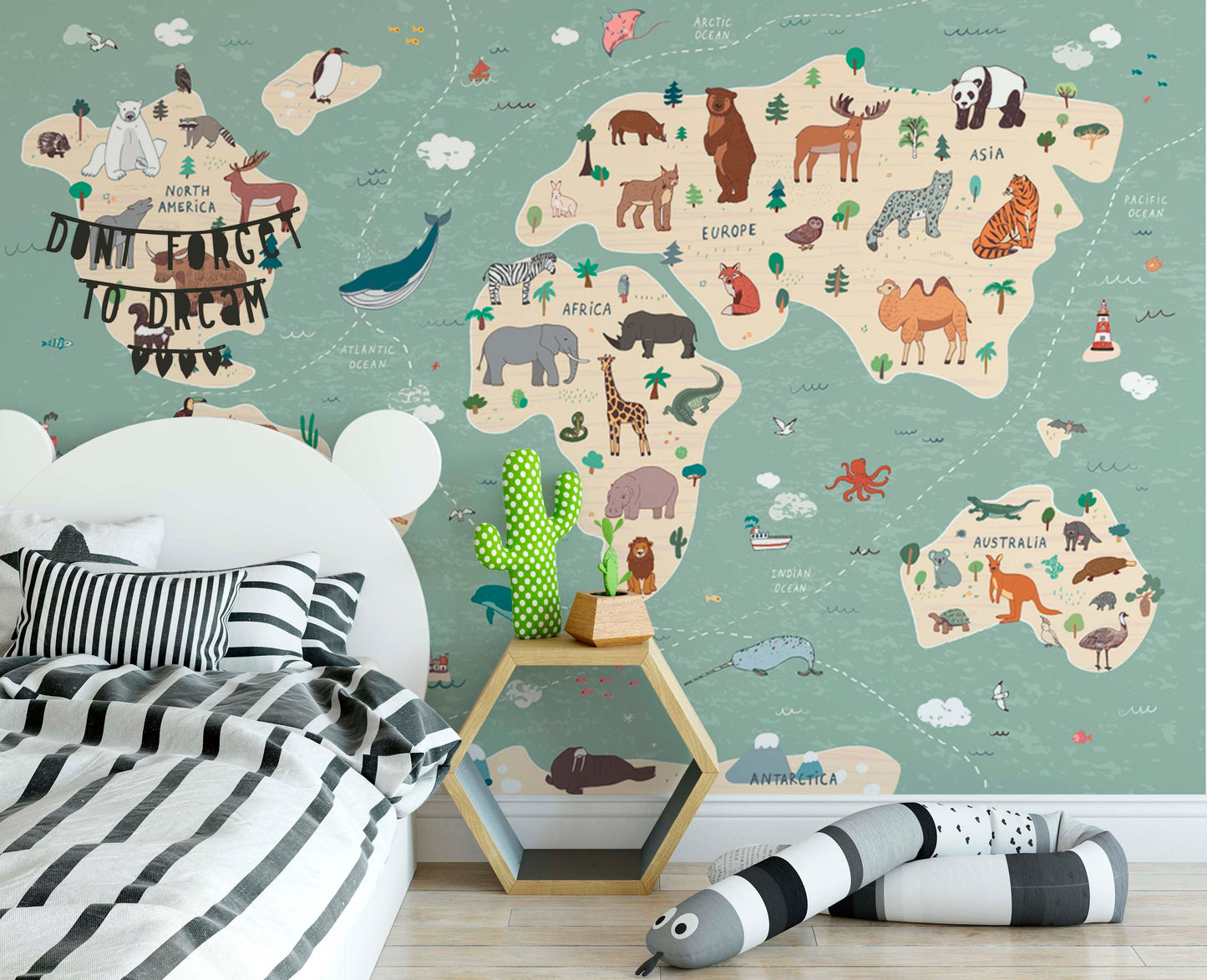 Children World Maps Animals and Plants Background Wallpaper Animal Bedroom Children Kids Room Mural Home Decor Wall Art