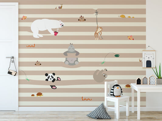 Monkey Turtle Bear Panda Fun Animals Wallpaper Wall Decor